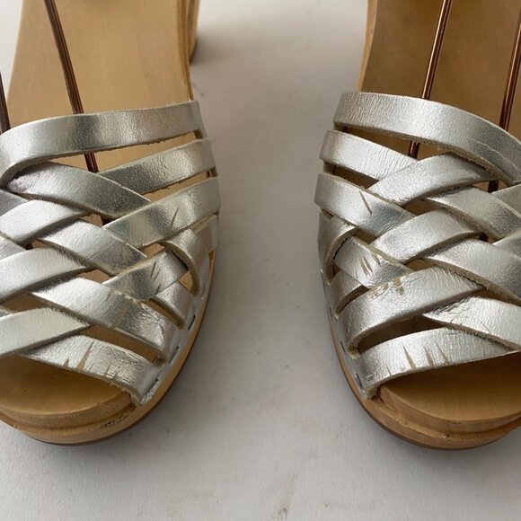 Swedish Hasbeens Toffel Sandals w Heel Shoes Silver Metallic - Picture 5 of 10